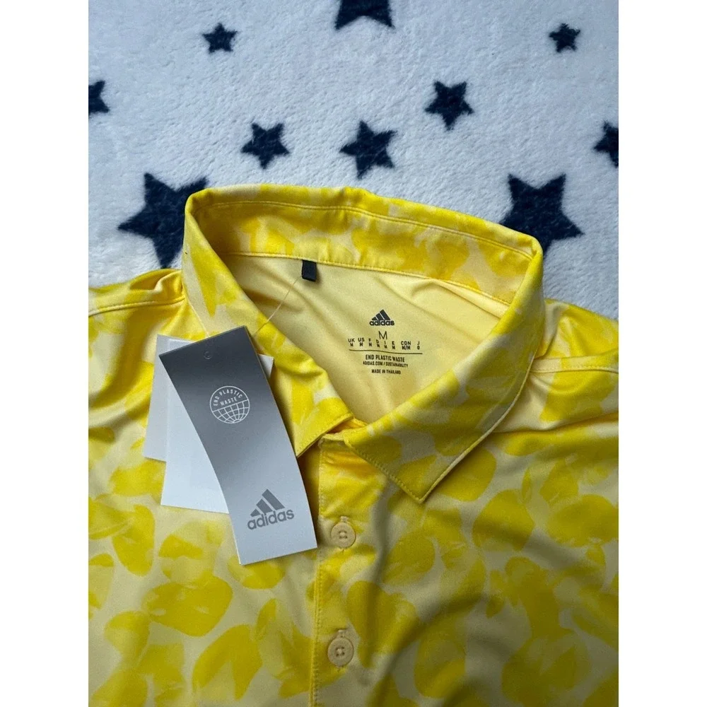 NWT Adidas Golf Polo Shirt Mens Medium Yellow Floral Print Performance Golf